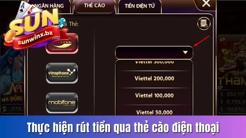 Thao tác giao dịch rút tiền Sunwin qua thẻ cào